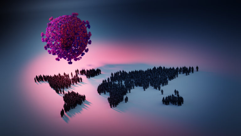 illustration of the global impact of covid-19: continents made up of people under the threat of a large menacing corona virus