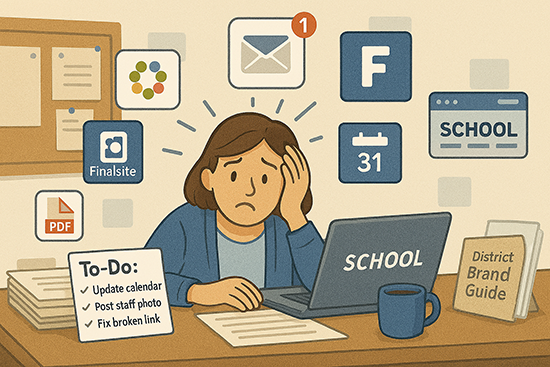 An overwhelmed school office worker or admin assistant sits at a cluttered desk.