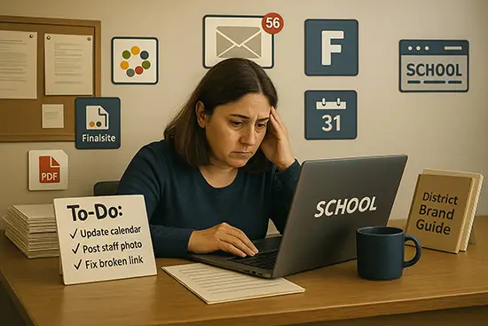 An overwhelmed school office worker or admin assistant sits at a cluttered desk.