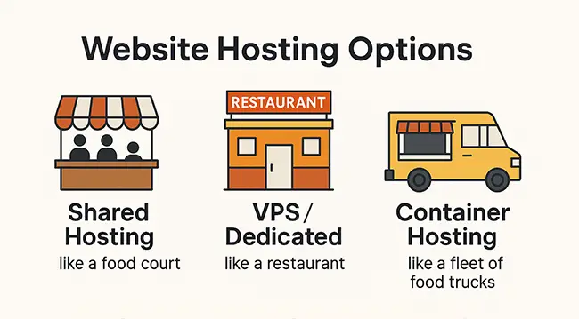 retaurant hosting analogy image: food stand, restaurant building, fleet of food trucks